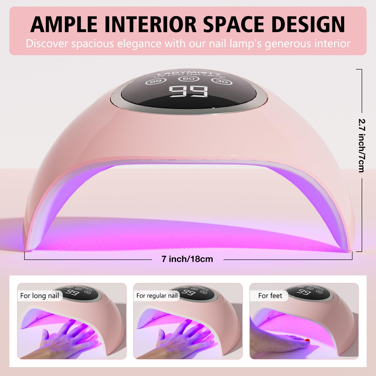 LadyMisty 72W UV LED Nail Lamp Light Dryer for Nails Gel Polish with 18 Beads 3 Timer Setting & LCD Touch Display Screen, Auto Sensor, Professional Nails, Pink